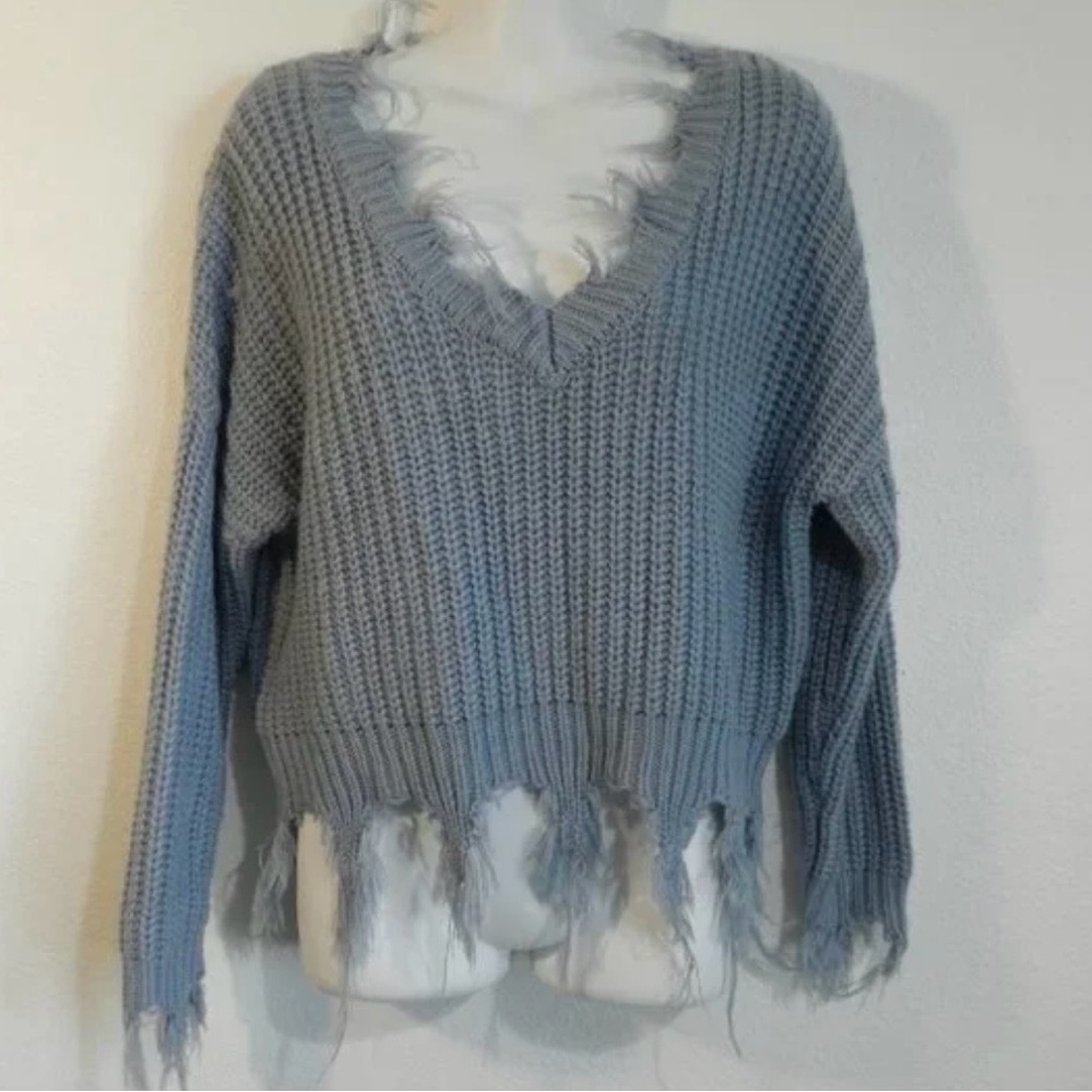 No Comment NY LA Smokey blue frayed v neck crop sweater size XL